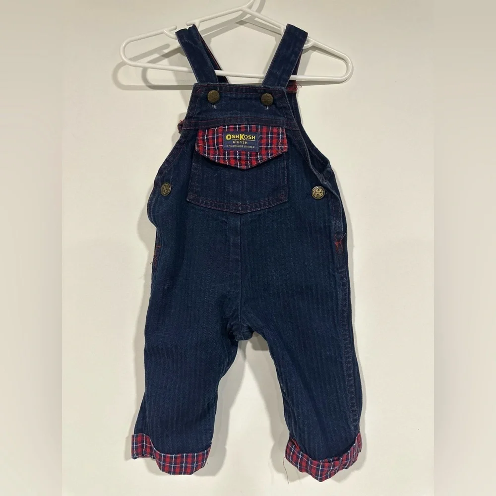 Vintage OshKosh B’Gosh Vestbak USA Plaid Overalls 6/9 months Pinstripe USA